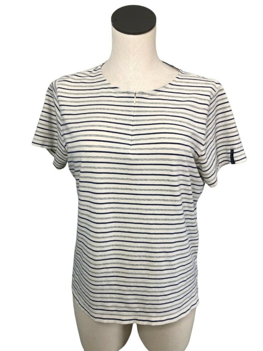 Liz Claiborne Top Shirt Pullover Striped Womens LP 1/4 Zip Short Sleeves Biege
